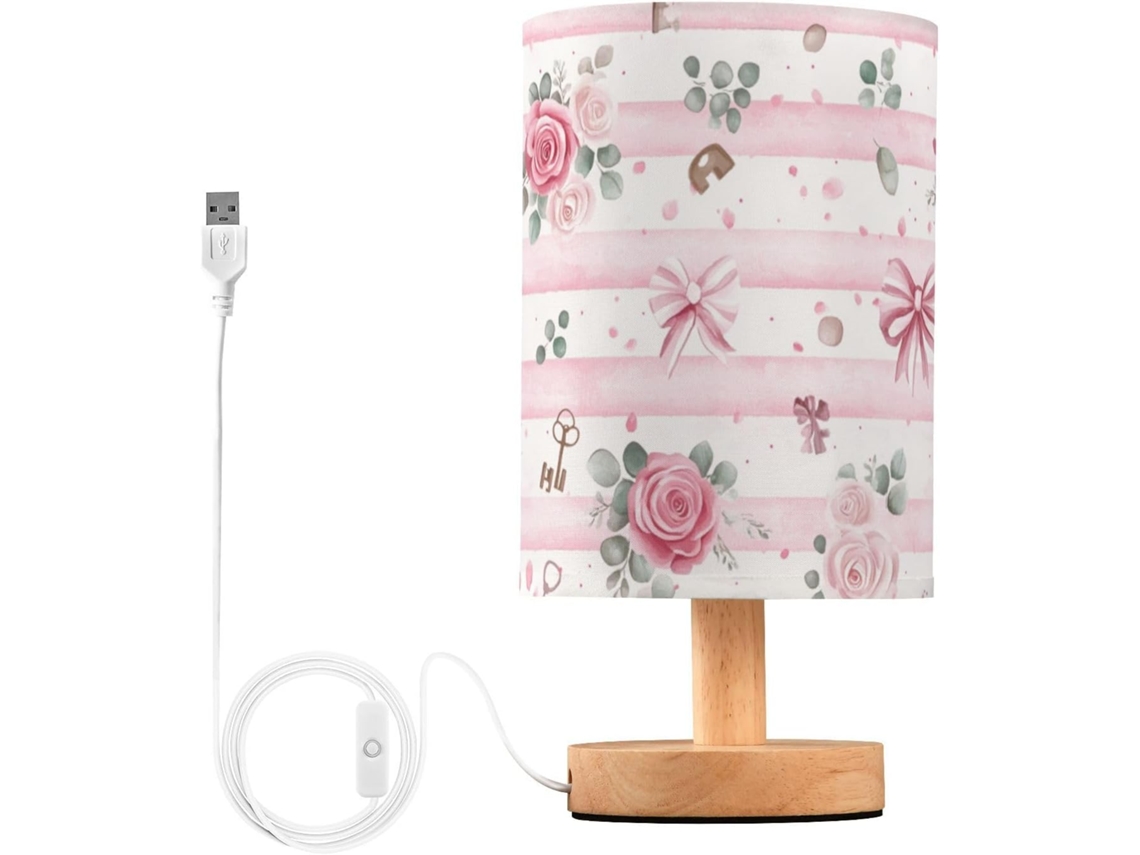 Abajur De Cabeceira Listrado Rosa E Branco Com Rosas Da Kcldeci Para Quarto, Fazenda Style, Mesa De Cabeceira