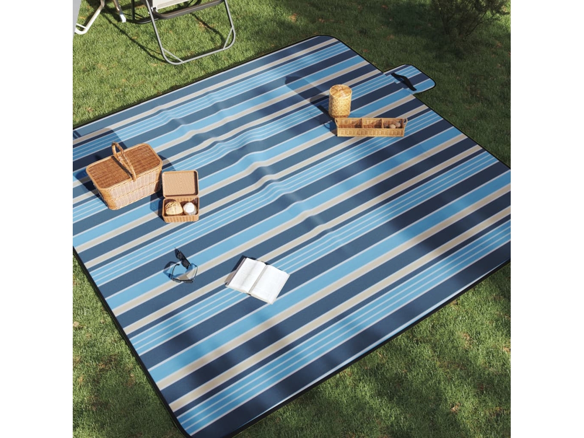 Vidaxl Manta Piquenique Dobrável 200x200 Cm Veludo Riscas Azul/branco