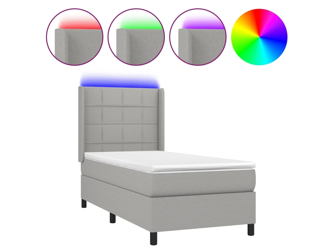 Cama Box Spring com Colchão e Led Tecido Cinza Claro MAISON EXCLUSIVE (100x200 cm)
