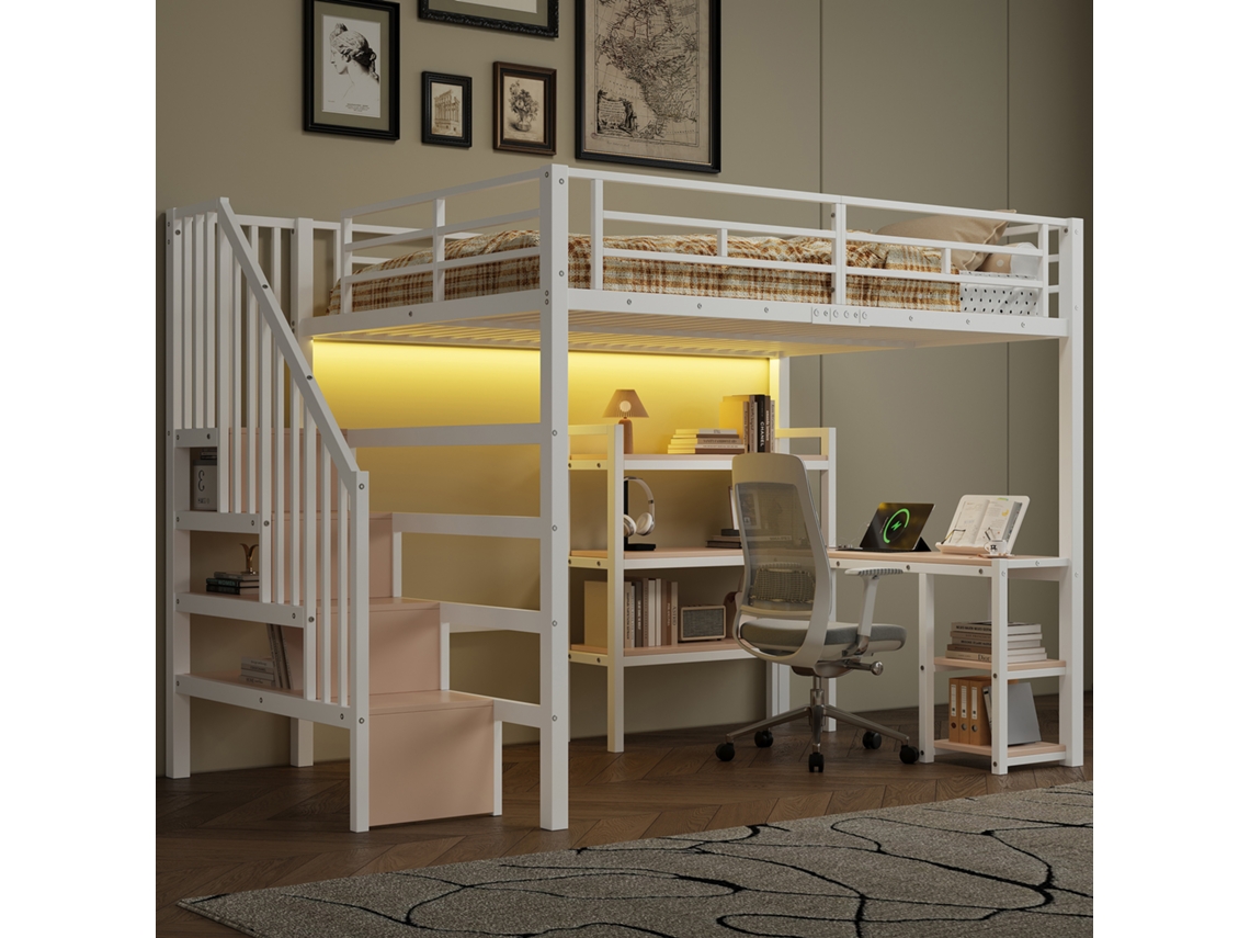 Cama Elevada Com Led, Usb, Lance E Bureau Na Tonalidade Alva Solidez E Qualidade Leve, Operacional E Uso Facil