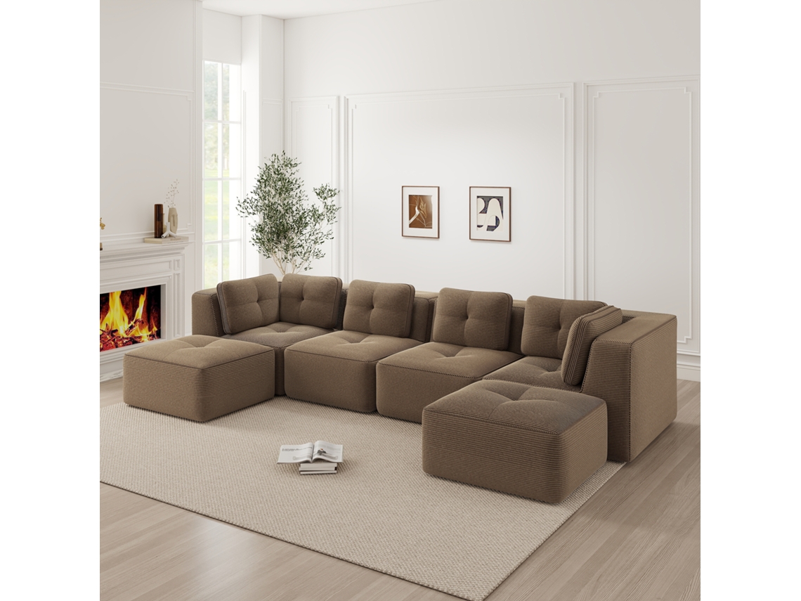 Sofá Modular De Canto, U-forma, Com Ottomana, Sofá Profundo, Design Antiderrapante, Marrom, Corduroy