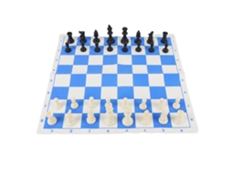 Conjunto De Xadrez Com Tabuleiro Pu Rolável 42cm E Peças De Plástico 75mm Com Feltro Azul E Branco