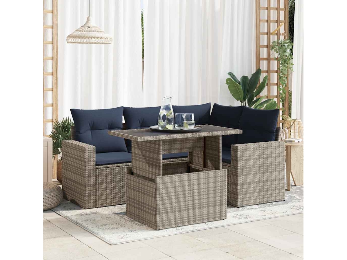Vidaxl 5 Pcs Conjunto Sofás De Jardim C/ Almofadões Acácia E Vime Pe