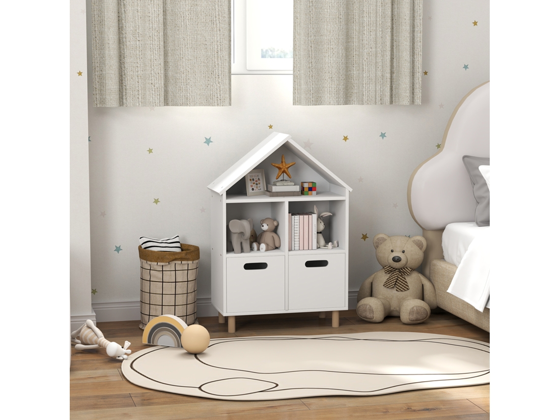 Estante Infantil De 3 Andares Com Duas Gavetas, Formato De Casa, 63,7x29,7x89 Cm, Branco