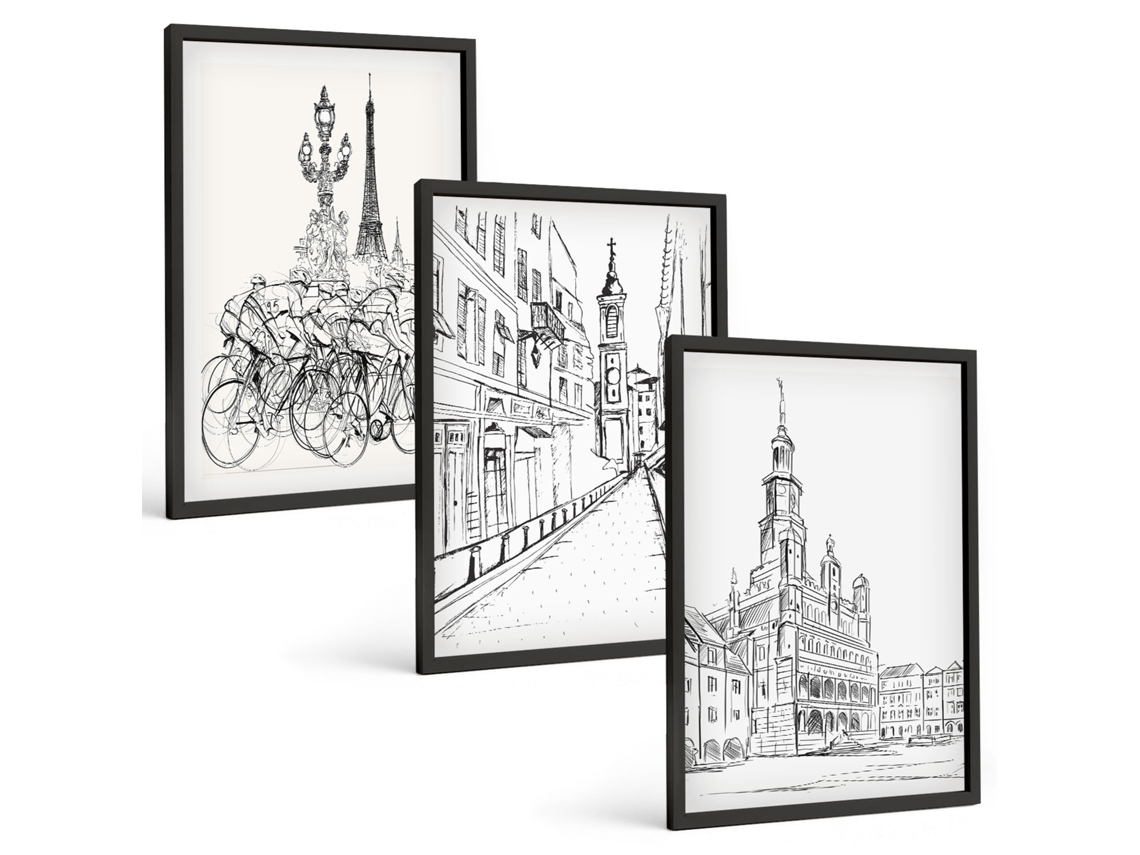 Conjunto De Pinturas Desenhos Simples De Paisagens Urbanas Espelharte (3 Peças 40x60 Cm)
