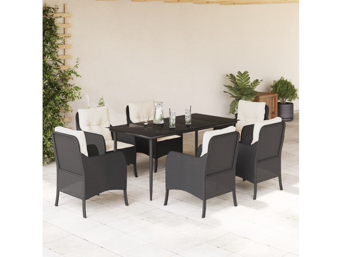 Vidaxl 7 Pcs Conjunto De Jantar P/ Jardim C/ Almofadões Vime Pe Preto