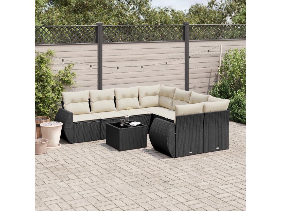 9 Pcs Conjunto De Sofás P/ Jardim C/ Almofadões Vime Pe Preto Dkd Home Decor