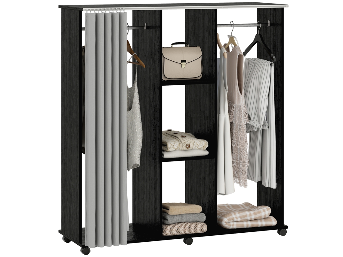 Guarda-roupa móvel com 6 rodas, 120x40x128cm, madeira preta | S/MARCA