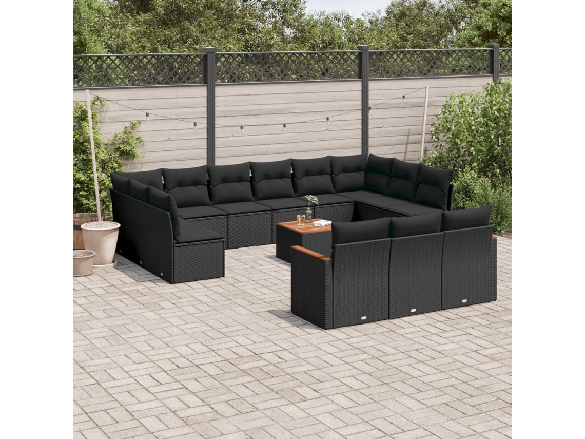 Vidaxl 14 Pcs Conjunto De Sofás P/ Jardim C/ Almofadões Vime Pe Preto
