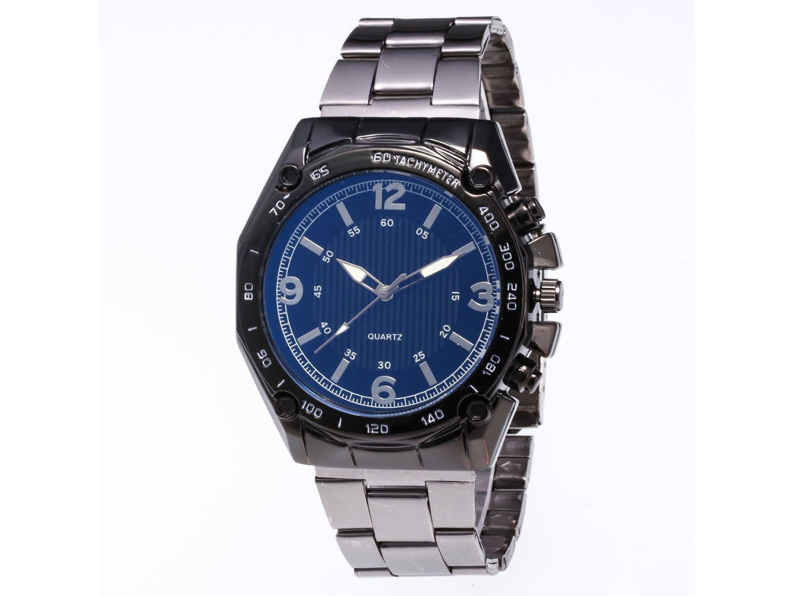 Relógio de pulso masculino elegante com pulseira de aço, mostrador redondo, movimento de quartzo, preto e azul.