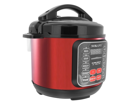 Panela de Pressão Sokany 5L de Aço Inoxidável, Multifuncional, Cozimento Rápido, Programável, Preta e Vermelha