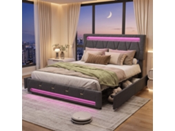 Cama de Casal 160x200 Cm em Linho, com 4 Gavetas, Portas Usb, Cabeceira Ajustável e Luzes Led, Cinzento RESETIZE