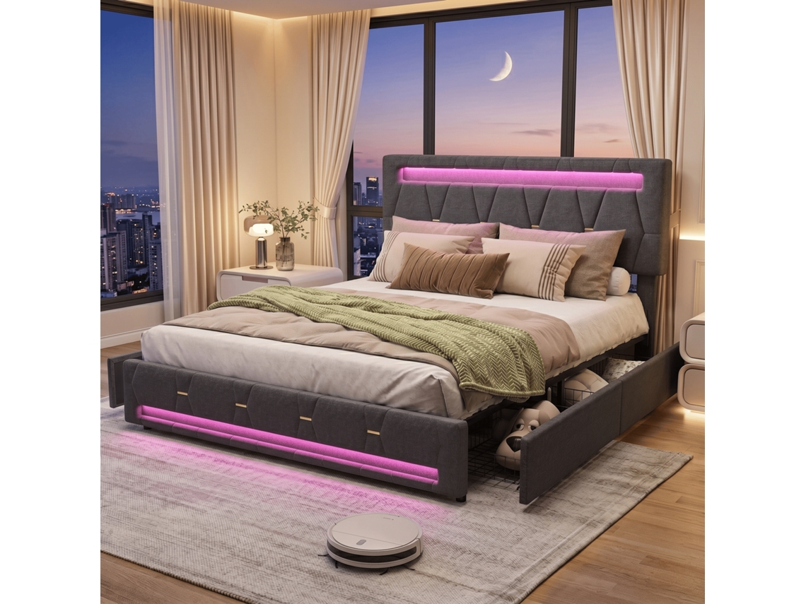 Cama de Casal 160x200 Cm em Linho, com 4 Gavetas, Portas Usb, Cabeceira Ajustável e Luzes Led, Cinzento RESETIZE