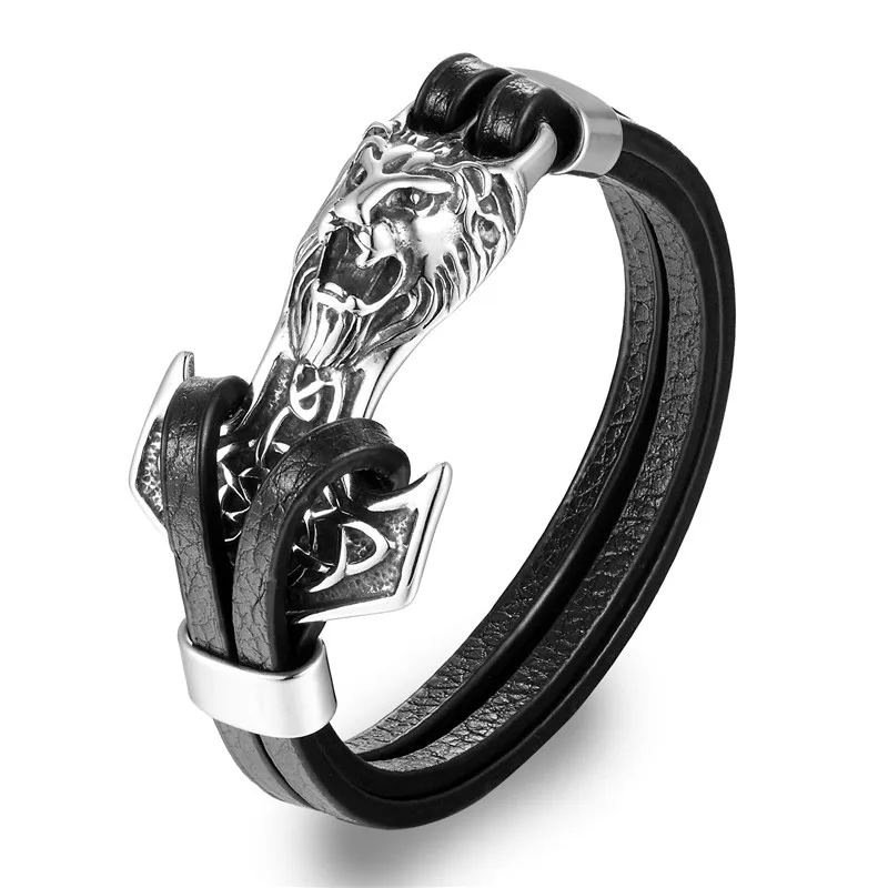 Pulseira Masculina Em Couro Genuíno Com Pingente De Âncora E Fecho Em Aço Inoxidável.