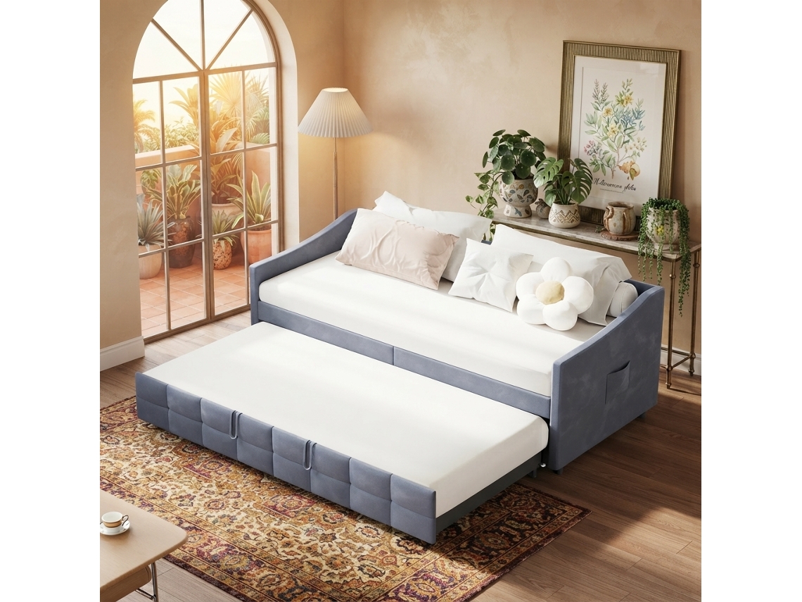 Sofá-cama Extensível De 90x200 Cm, Cama Individual, Sofá De Dois Lugares, Poltrona Estofada, Veludo, Cinzento,simurq