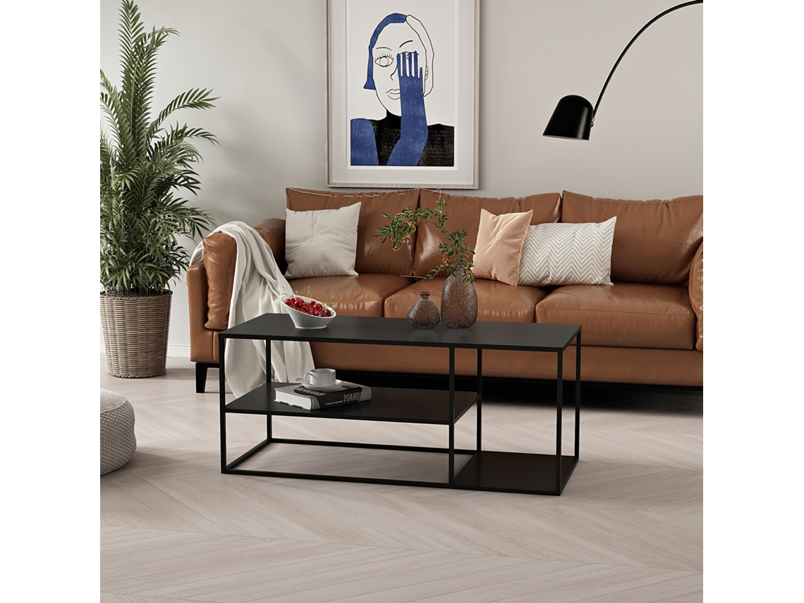 Mesa de Centro Solund com 2 Prateleiras em Aço 120X50X50Cm Preto Mate [EN.CASA]