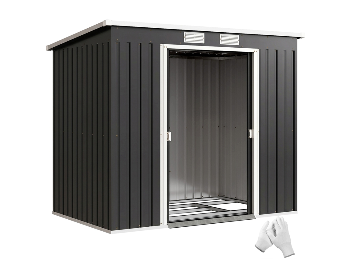 Galpão de Jardim de 2,4 M² com Porta de Correr, Base Inclinada, Janelas 213x130x172 Cm Cinzento