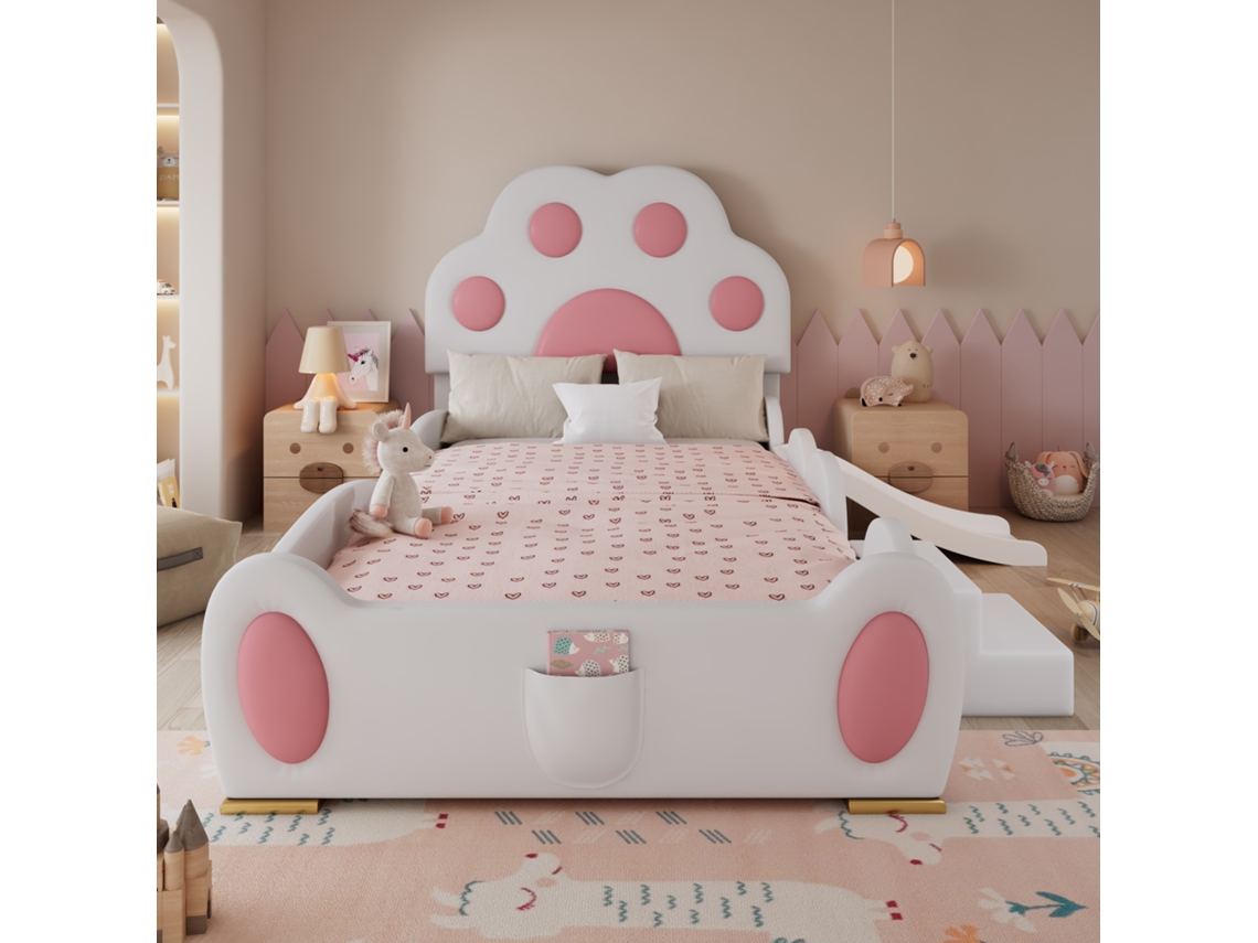 Cama Acolchoada Infantil Com Cabeceira Em Pata De Gato, Escorregador E Escada De Dois Degraus, Superfície Pu, Branca E Rosa, 90x200 Cm.