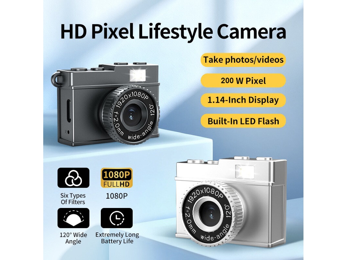 A16 Cinzamini Câmera Digital Retrô 200w 1080p Hd Tela 1.14'' Lente 120° Vintage Portátil Viagens Vlogs