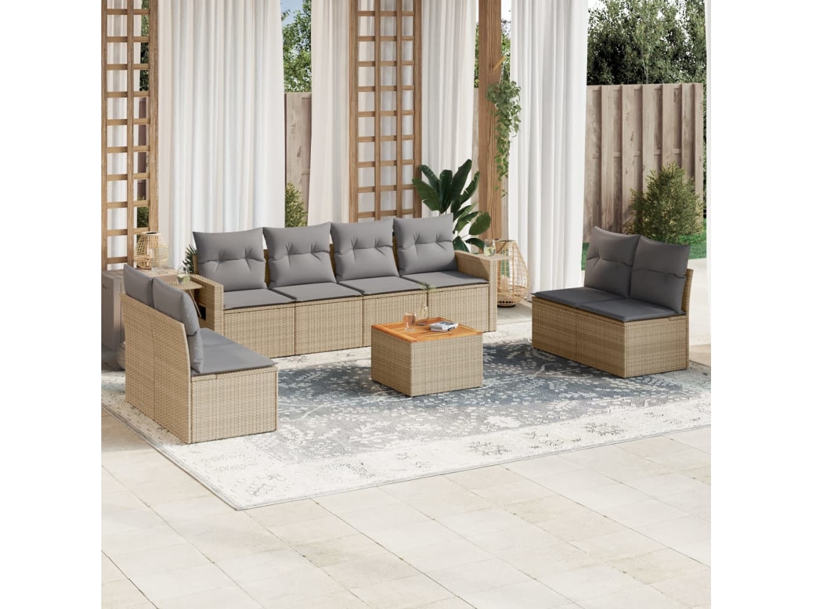 Vidaxl 9 Pcs Conjunto De Sofás P/ Jardim Com Almofadões Vime Pe Bege