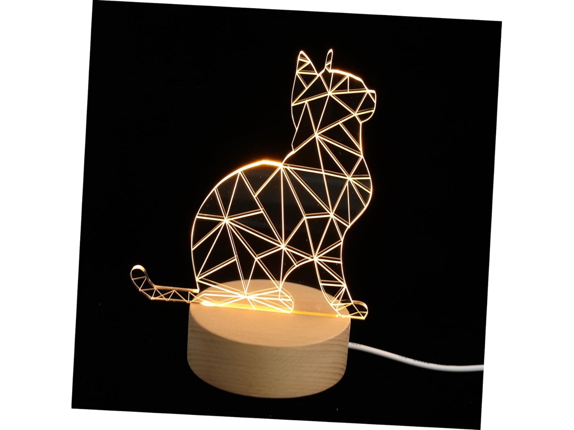 Luminária De Mesa Led Sewacc 3d Em Acrílico E Madeira Com Efeito Gato.