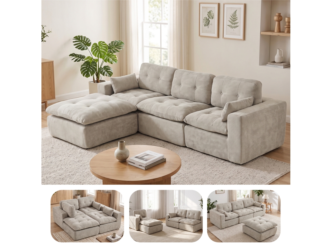 Goeurvant 8093 Sofá Modular Multifuncional Cinzento Claro Conjunto De 4 Pessoas Com Puf, Sofá Grande Flexível Estofado