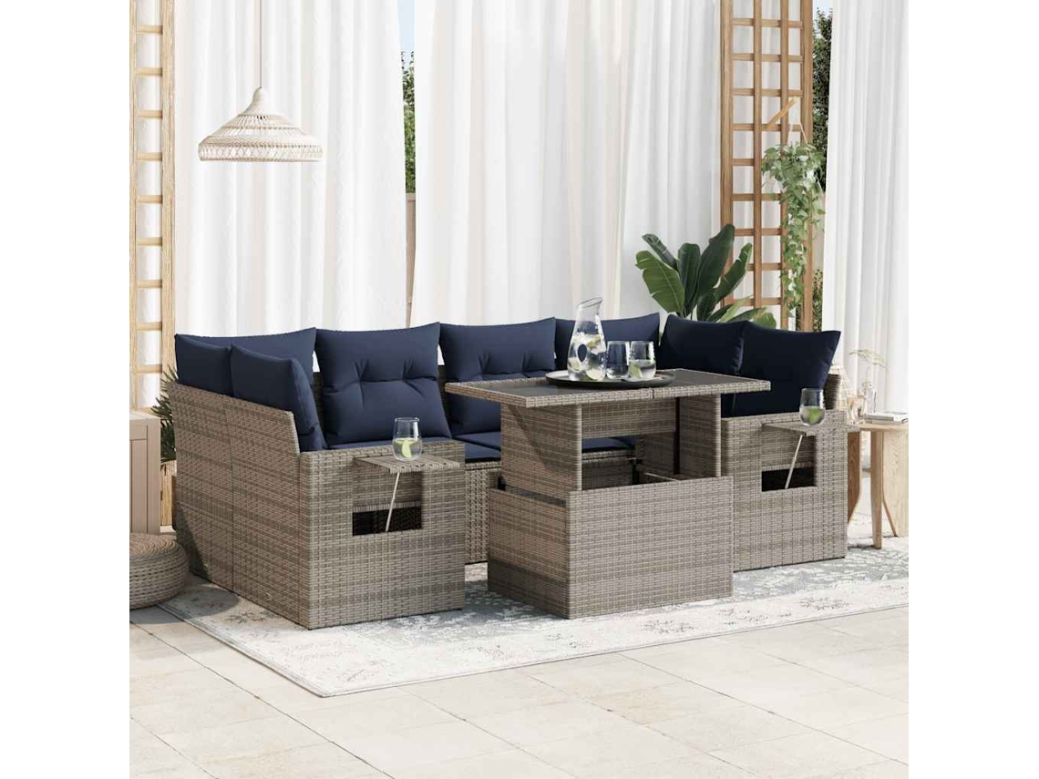 Vidaxl 7 Pcs Conjunto Sofás Jardim C/ Almofadões Vime Pe Cinzento