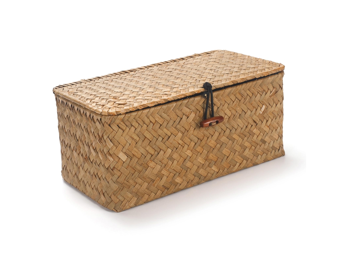 Cesta Pequena Retangular de Palha Trançada com Tampa S/MARCA (28x17,5x9,5 cm)
