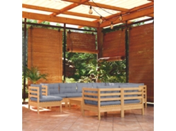 Conjunto 10pcs Lounge De Jardim Almofadões Cinza Pinho Maciço Dkd Home Decor