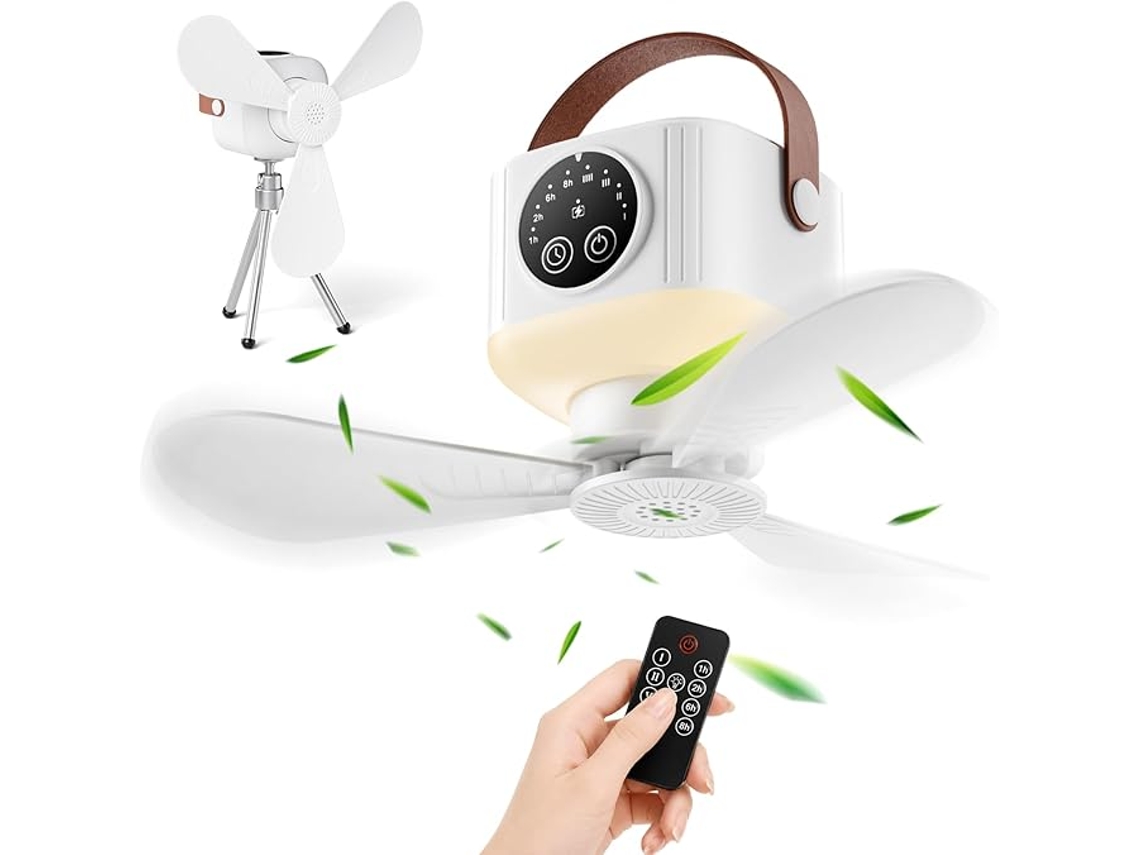 Ventilador de Teto Portátil 7200mah para Campismo com Luz, Controlo Remoto, Suporte e Gancho Branco SIURN