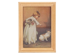 Primerox moldura de Madeira Miniatura Pintada Menina e Gato para Casinha de Bonecas 1/12 Decoração
