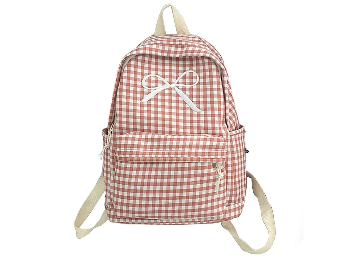Mochila Feminina Estilo Japonês Com Estampa Xadrez, Grande Capacidade, Com Laço Charmoso, Ideal Para Escola E Uso Diário, Na Cor Rosa.