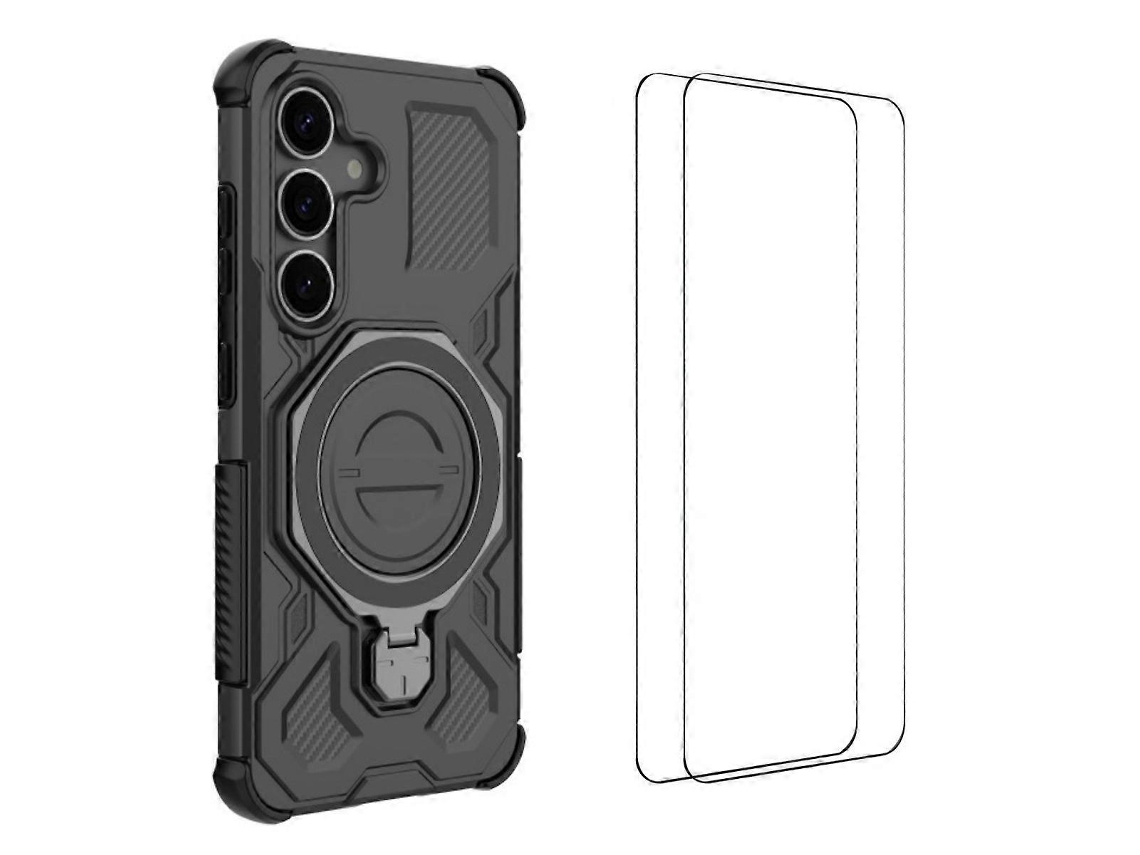 Capa Tkdaddy Para Samsung Galaxy S25 Com Suporte E 2 Películas De Tela Wanlonfeng Kj Series Pc Tpu (orifício Para Lente Grande) Preta