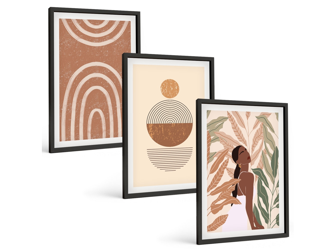 Pinturas Murais Modernas Padrões E Geometria De Plantas Estilosas Moldura Preta Fotos Para O Escritório Espelharte (3 Piezas De 40x60 Cm)