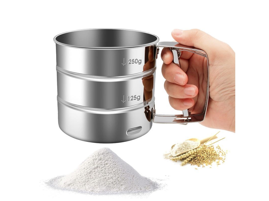 Peneira de farinha em aço inoxidável 2026, operação manual com escala de medição para confeitaria e culinária.