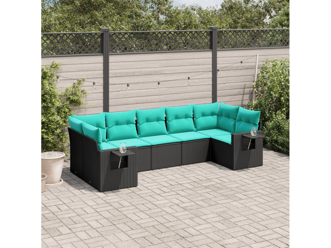Vidaxl Conjunto De Sofá De Jardim Com 7 Peças E Almofadas Em Rattan Sintético Preto