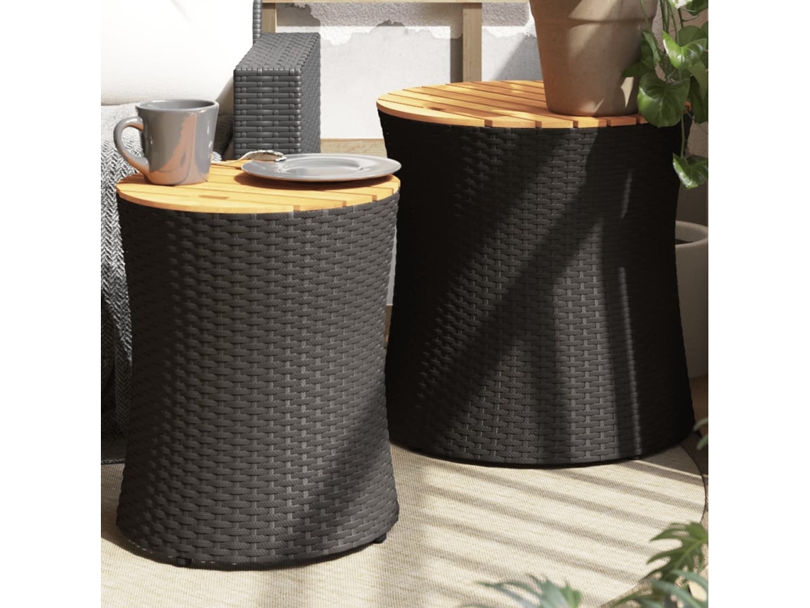 Vidaxl Mesas De Apoio P/ Jardim C/ Tampo De Madeira 2pcs Vime Pe Preto