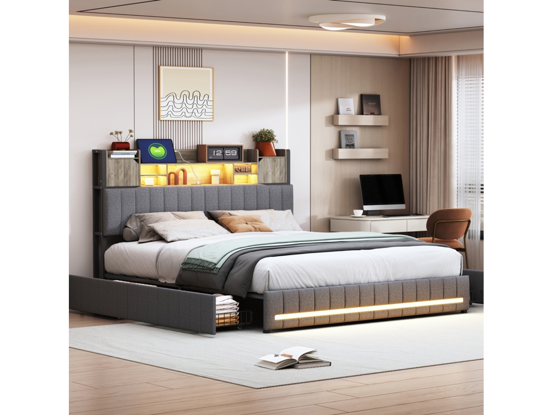 Cama De Casal 140x190 Cm Estofada Em Linho,cabeceira Com Armazenamento E Luz Led,total De 4 Gavetas,colchão Não Incluído