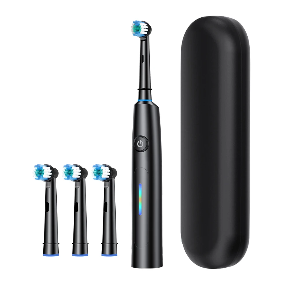 (preto) Escova de dentes elétrica rotativa 3D: 5 modos, carregamento rápido via USB. Inclui estojo de viagem e 4 cabeças de escova.