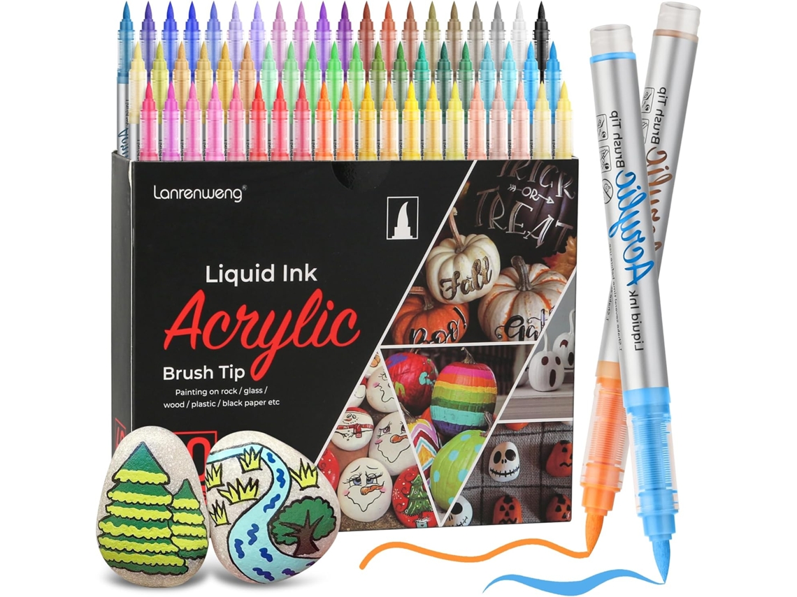 Conjunto de 60 Marcadores Acrílica com Ponta de Pincel, Canetas Premium para Pintura e Tecido, Secagem Rápida AQUAFORGE