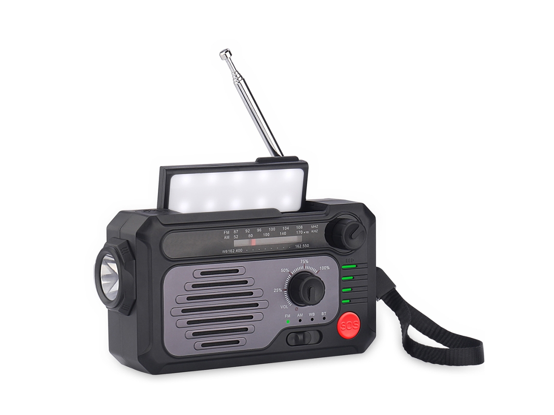 Rádio De Emergência Solar Com Manivela, Multifuncional, Lanterna E Bluetooth, Cinza.