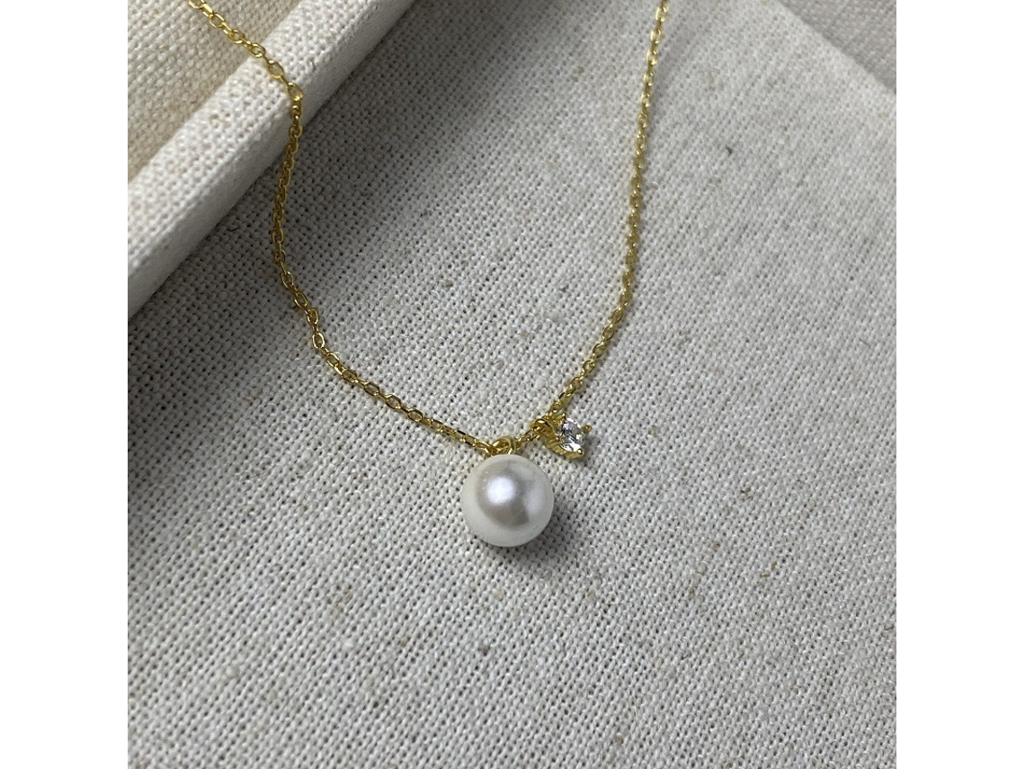Colar de Pérolas em Prata de Lei 925 , Pingente Simples de Estilo Francês com uma Única Pérola, Pérola Pequena, Luxo Discreto MDUG (dourada)