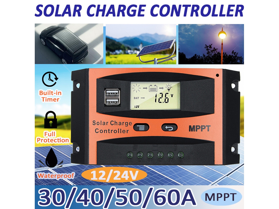 Controlador Solar com Reconhecimento Automático 12v/24v, Tela Lcd e Saída Dupla Usb, Regulador de Bateria para Painéis Solares