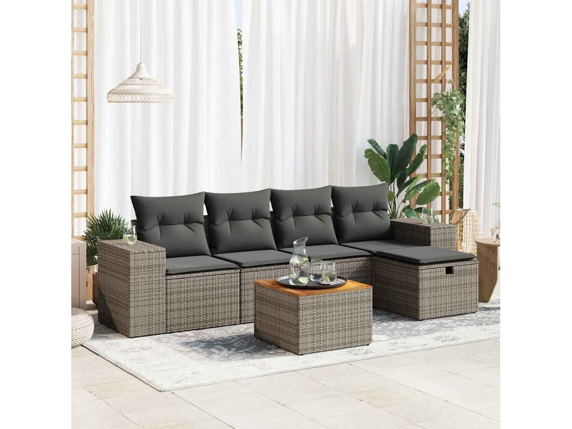Vidaxl 6 Pcs Conjunto Sofás De Jardim Com Almofadões Vime Cinzento