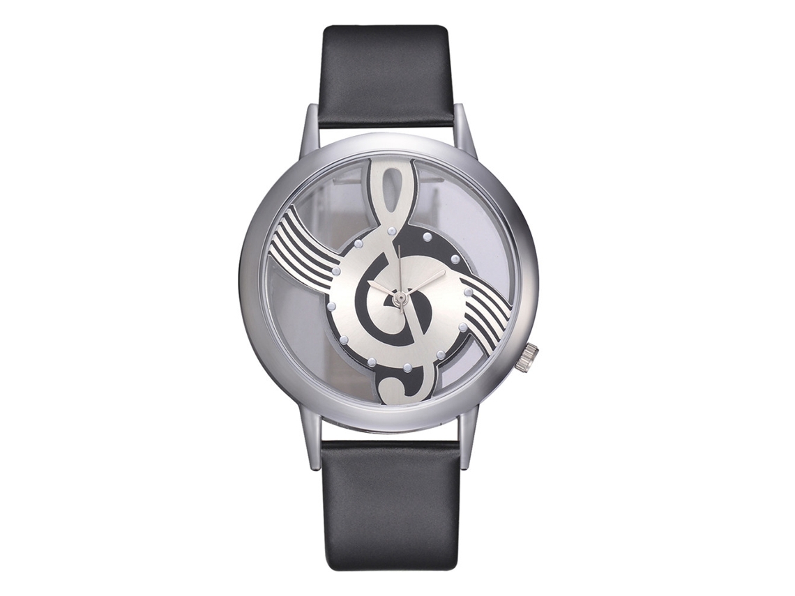 Relógio unissex analógico de quartzo com design moderno de nota musical e pulseira de couro PU preta.