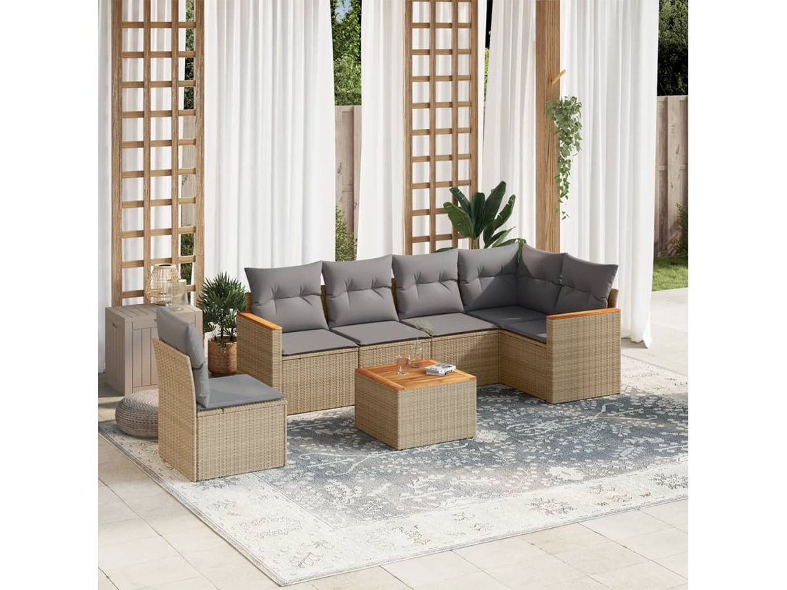 Conjunto de 7 Sofás para Jardim com Almofadas Vime Pe Bege Dkd Home Decor