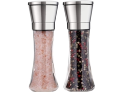 Conjunto de 2 Moedores Sal e Pimenta Redondos em Aço Inoxidável, com Rotor Cerâmica Ajustável 5 Níveis Moagem. AQUAFORGE