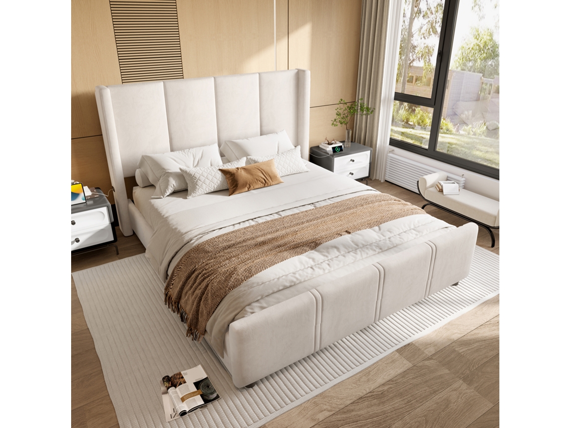 Polsterbett 140x200cm Bege, Estrutura Elegante, Cabeceira E Peseira Altas, Usb, Ferro E Placa De Madeira, Durável