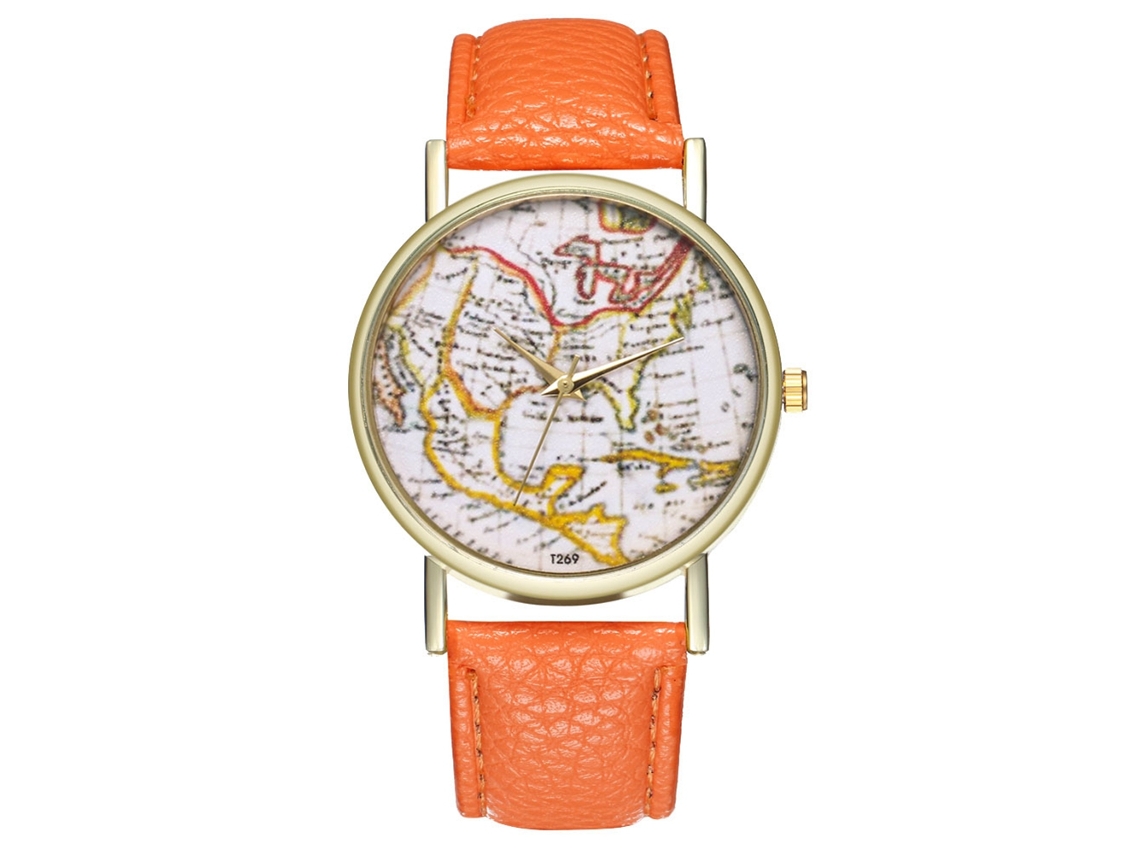 Relógio de Pulso Antigo Mapa Fashion Quartz Leisure com Cinto de Couro Laranja