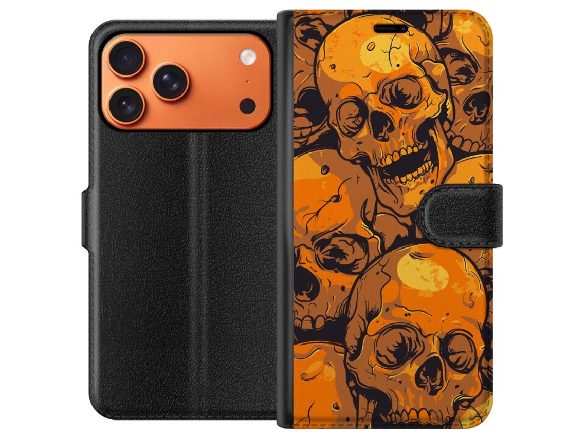 Capa Carteira Compatível Com Apple Iphone 17 Pro Max. Estampa De Caveira Laranja Em Estilo De Ilustração Crua, Com Caveiras Repetidas Em Forte Contras
